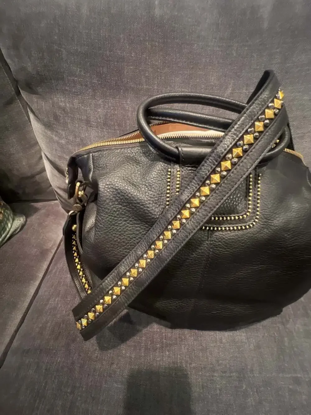 Hobo Sheila Satchel in Black Pebbled Leather with Studded Strap